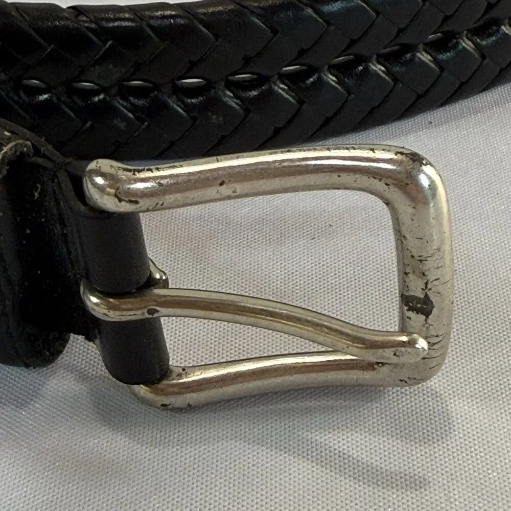 Fossil Mens Black Braided Leather Belt w/ Silver Buckle Size 34